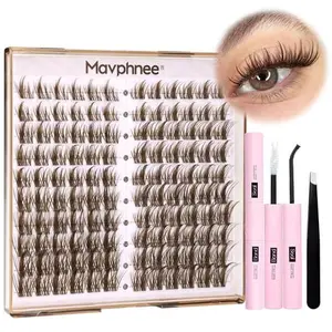Brown Lash Clusters Kit Dark Brown Eyelash Clusters 120 Pcs Natural Lash Extension Kit 10-16MM CC-Curly Individual Lashes Kit with Lash Bond and Seal Lash Glue and Tweezers by Mavphnee