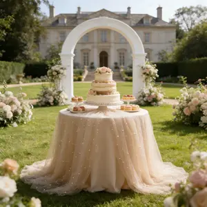 This 2-piece set features elegant champagne-colored pearl-embellished tulle, perfect for arches, table runners, chair back ties, bridal veils, bouquet decorations, and wedding centerpieces. Ideal for spring-themed weddings and Valentine's Day.