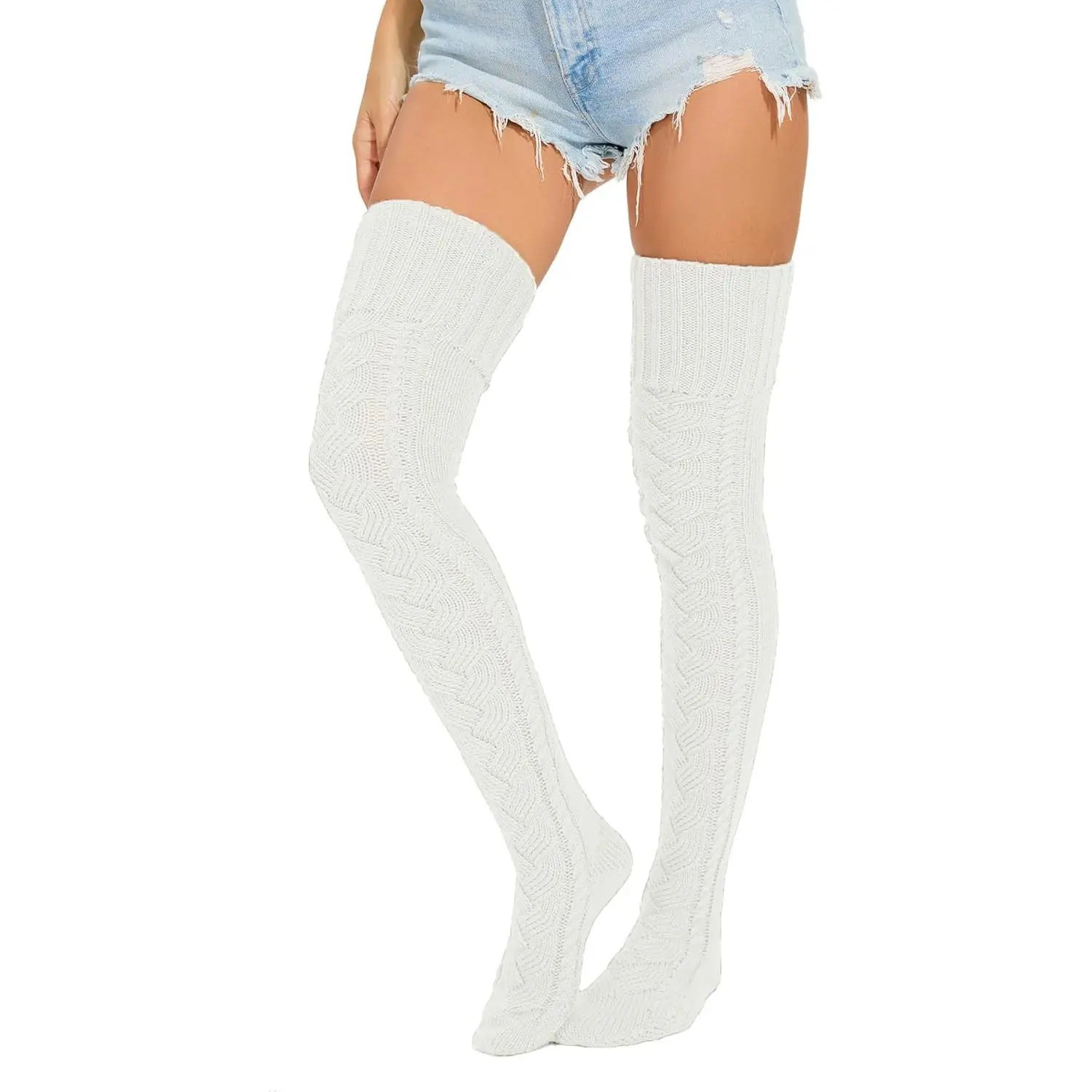 Women's Cable Knit Thigh High Socks, Soft Stretchy Acrylic Over the Knee Stockings, Extra Long Winter Leg Warmers with Stay-Up Top, Slim, Fabric