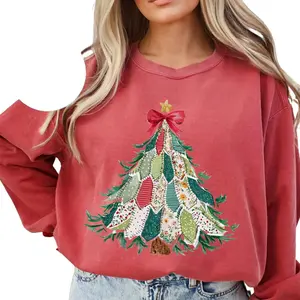 Faux Patchwork Christmas Sweatshirt Vintage Holiday Quilted Shirt Christmas Tree Sweater Crewneck Pullover Coquette Bow Shirt Christmas Gift