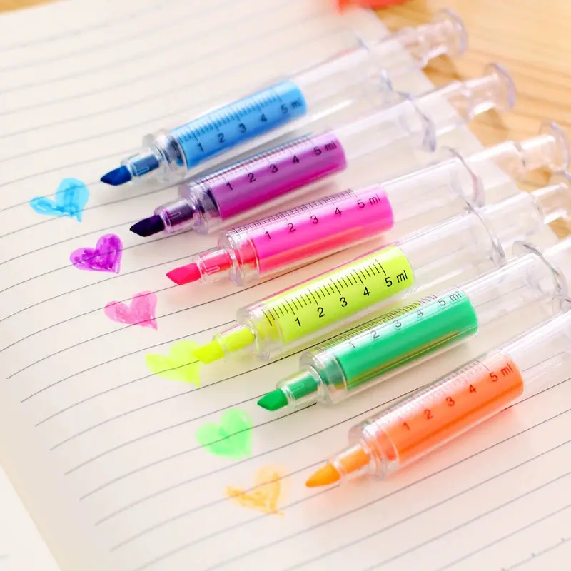 6pcs Fun Syringe Highlighters Pens, Cute Fluorescent Markers, Mechanical Colorful Ballpoint Pens, Multi Purpose Pens, Needle Design, Ideal Gift for Students and Nurses