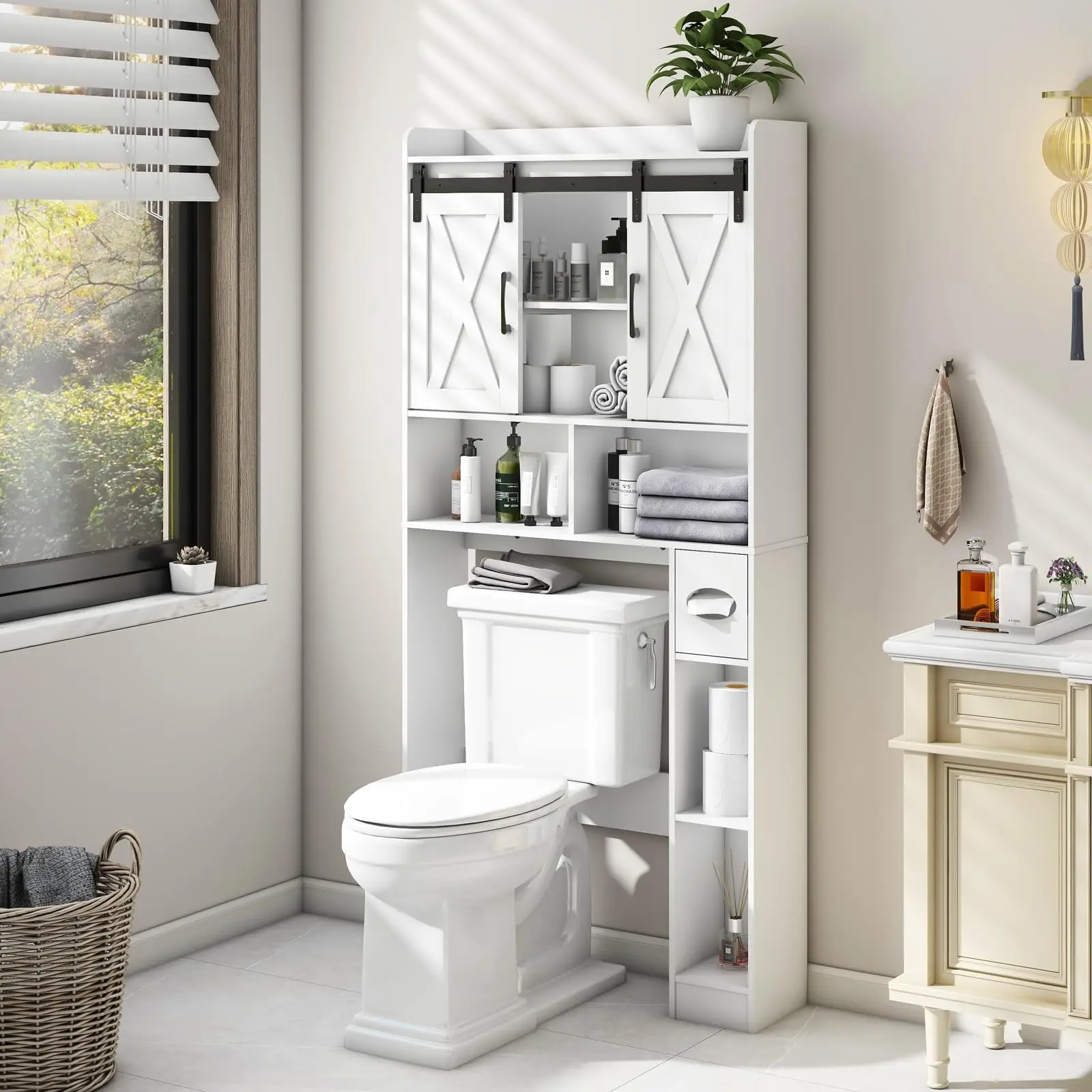 Vabches Over The Toilet Storage Cabinet, Farmhouse Storage Cabinet Over Toilet with Sliding Doors，Home Space-Saving Toilet Rack, for Bathroom, Restroo