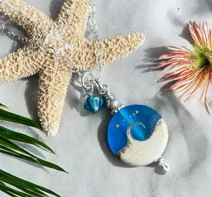 Blue Beach Wave Necklace in .925 Sterling Silver, Ocean Wave Necklace, Blue Beach Wave Sea Glass Necklace ,