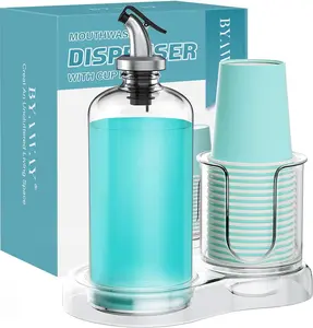 Mouthwash Dispenser for Bathroom with Cup Holder Detachable Glass Mouthwash Container 16 Oz,Refillable Mouth Washer Dispenser for Countertop