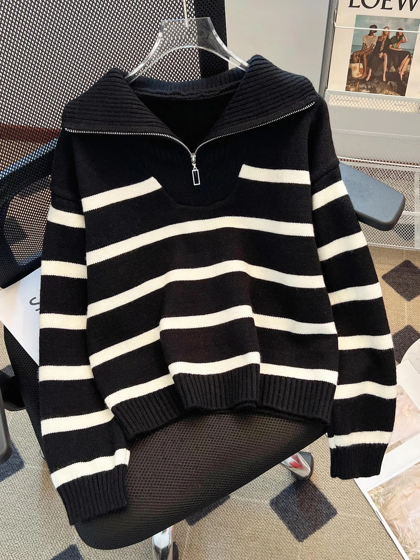 Women's Striped Print Half Zip Drop Shoulder Knitting Sweater, Casual Fitted Long Sleeve Jumper for Fall & Winter, Fashion Ladies' Knitwear for Daily Wear, Womenswear