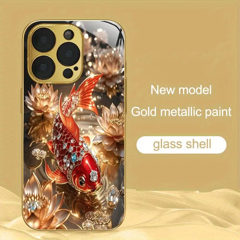 Golden Koi Soft Glass TPU Smartphone Case, UV-Printed Premium Stylish Cover, Shockproof Waterproof 2025 Design Tech Accessory, Christmas Gift for iPhone 11 Pro Max to 17 Pro Max (Cellphone Accessories), Tech Accessories