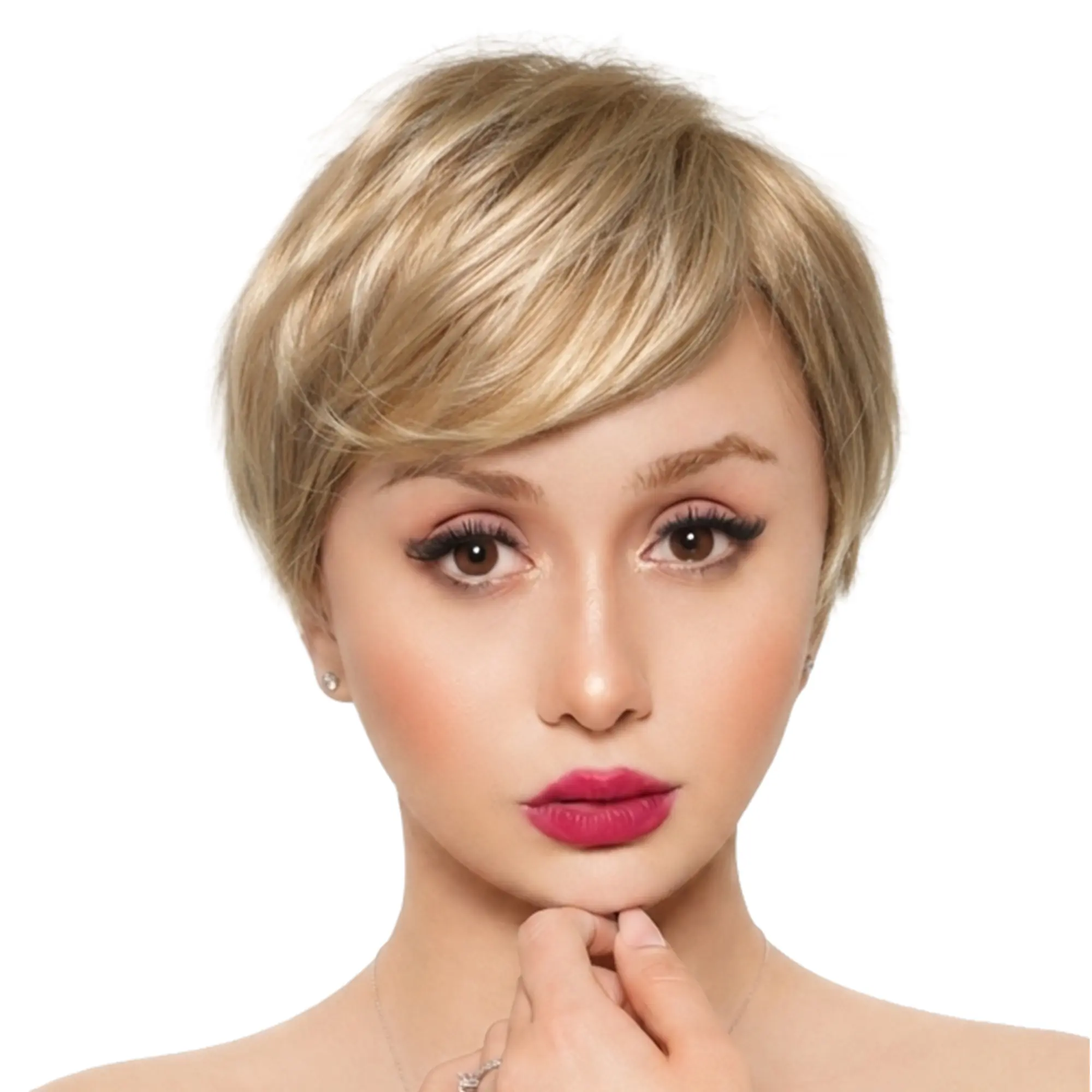 New 7-inch Light Sandy Blonde (Dimensional Color) Layered Short Bob w/ Bangs Synthetic Wig | 【Heat Resistant】【Cap Included】| 62FSGB