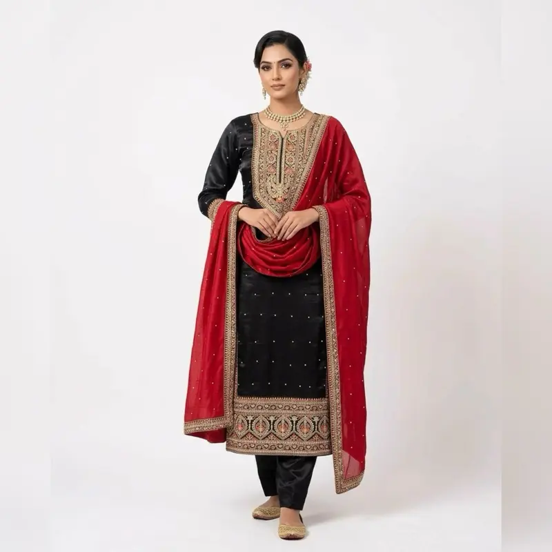 Women's Punjabi Salwar Kameez - Original Full-Length Cultural Wear, Traditional Asian Costumes with Intricate Embroidery, Red and Black Color Block Design, All Seasons Womenswear