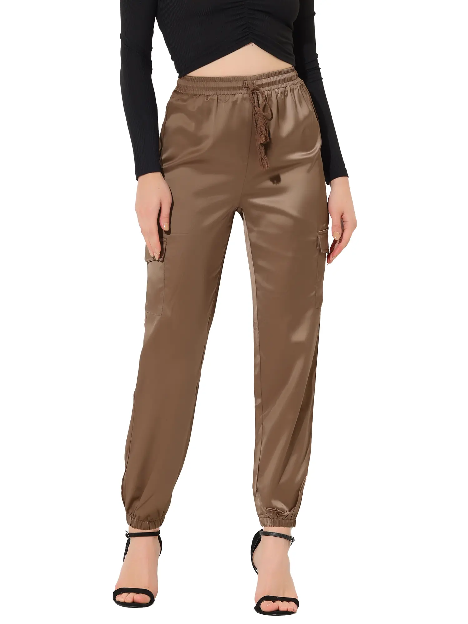 INSPIRE CHIC Satin Joggers Drawstring Elastic High Waist Shiny Silky Satin Cargo Pants