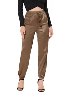 INSPIRE CHIC Satin Joggers Drawstring Elastic High Waist Shiny Silky Satin Cargo Pants