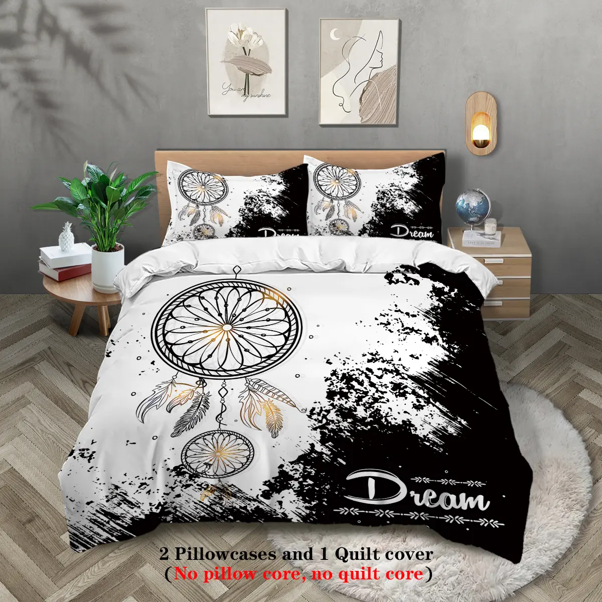 Three piece bedding set with black and white dream catcher screen printed duvet cover (1 duvet cover+2 pillowcases, no core), soft, warm, skin friendly, personalized and fashionable bedding set, suitable for multiple occasions such as bedrooms and hotels,