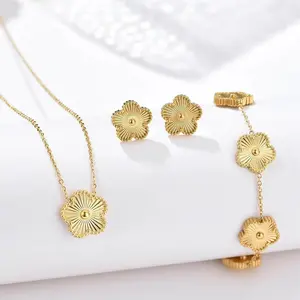 LUX-JELWEL - Metal Laser Five Leaf Flower Bracelet Necklace Earrings Jewelry Set Classic For Woman Stainless Steel Jewelry Daily Wear Clover