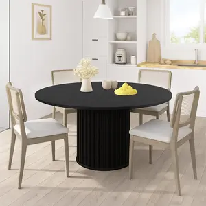 47" Round Dining Table for 4-6 People, Black Dining Room Table with Sturdy Waveform Metal Pedestal Base, Farmhouse Circle Kitchen Table for Dining Room, Kitchen Wooden Tabletop