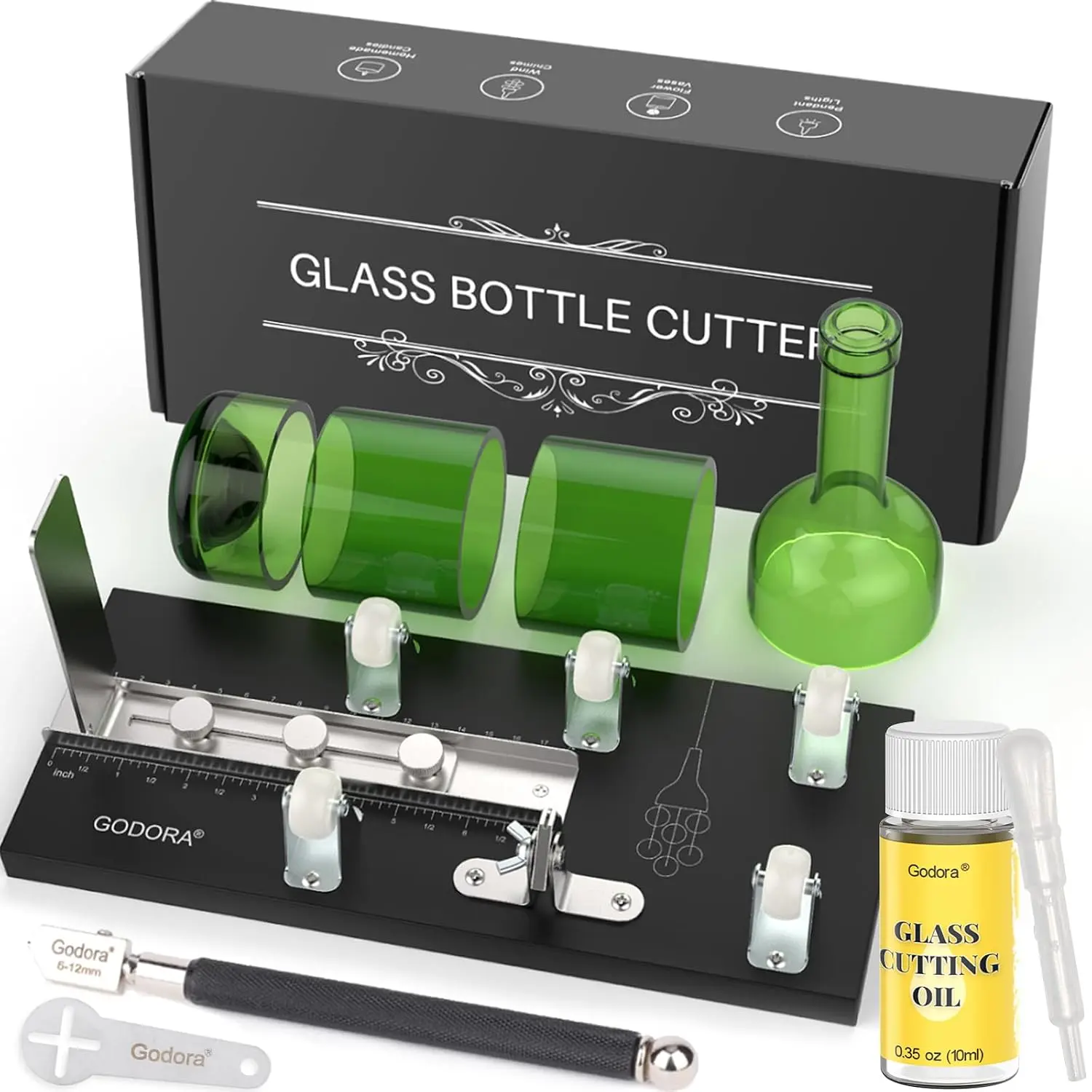 Glass Bottle Cutter Kit with Cutting Oil, Wooden Base, Dual Scale Guide, Glass Cutting Tool
