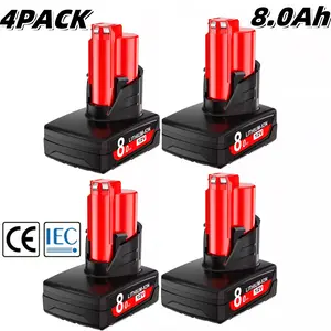 4 -pack/ 2-pack Replacement for Milwaukee M12 12 Volt Cordless Tools 8.0Ah max Battery, Compatible with Milwaukee 12V 48-11-2410 48-11-2420 48-11-2411 12 Volt Lithium Ion capacity Battery m12 replacement bateria batteries lithium battery high output