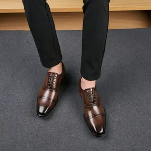 Men's Genuine Leather Oxford Shoes British Style Brogue Lace Up Cap Toe Dress Shoes for Business