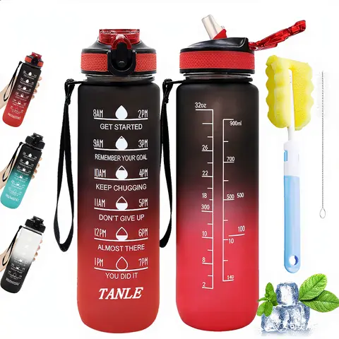Mumutan 32oz Drop-Resistant Polycarbonate Reusable Sports Water Bottle - BPA-Free Drinkware, Leakproof, Straw-Included, Drinking Time Markers, Capacity Labels, Fruit-Compatible, Fitness Quotes, Carrying Loop (Black Red, Gym Use, Daily Hydration)