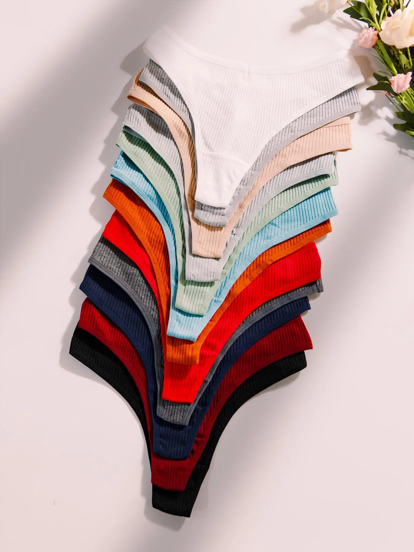 Women's 12pcs Solid Drop Waist Thong, Soft Comfy Breathable Knicker for Daily Wear, Ribbed Panty Underwear for All Seasons