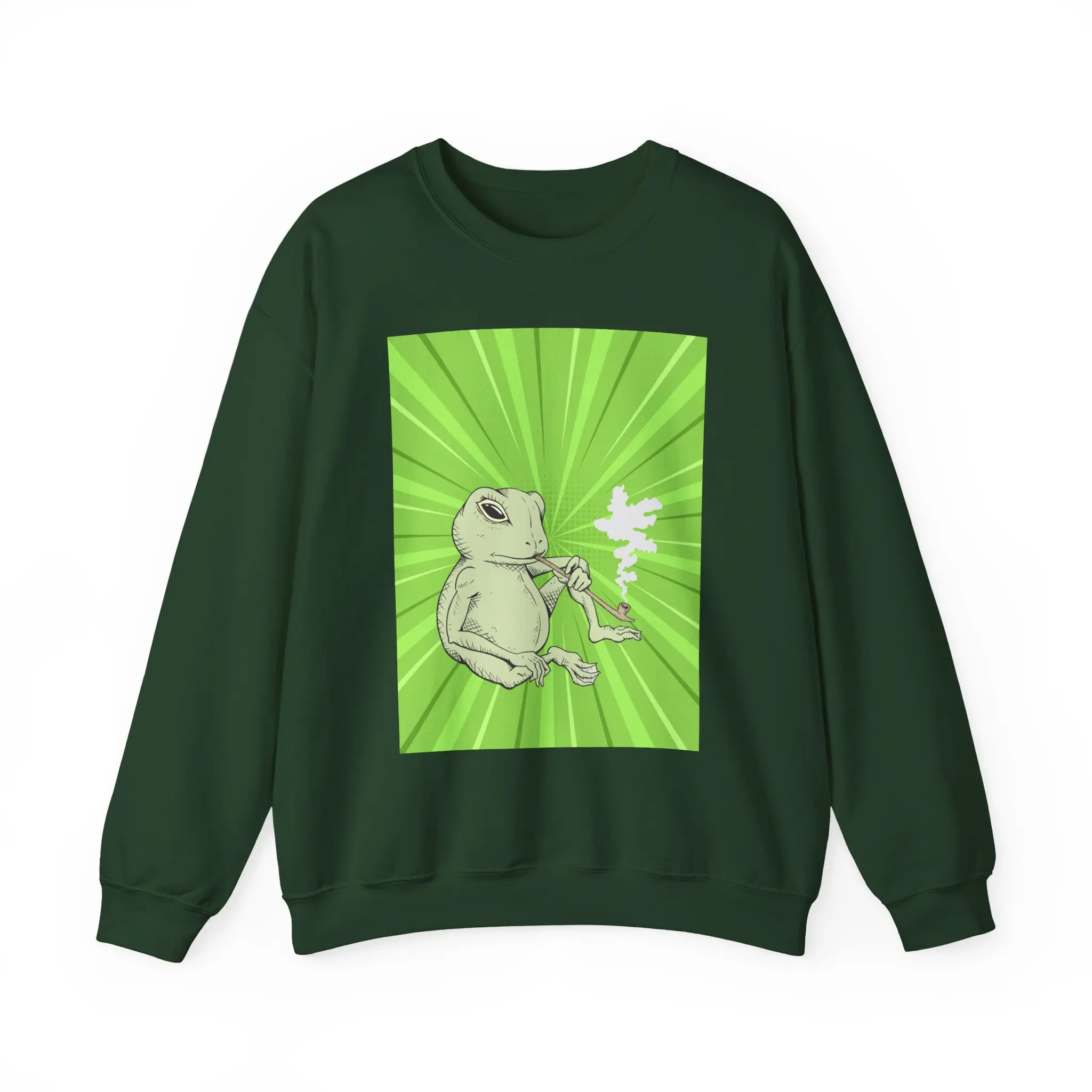Men's Smoking Frog Print Sweatshirt - Menswear Tops, Green Burst Graphic, Smooth Fabric, Ribbed Detailing, Embroidery Accents, Round Neck