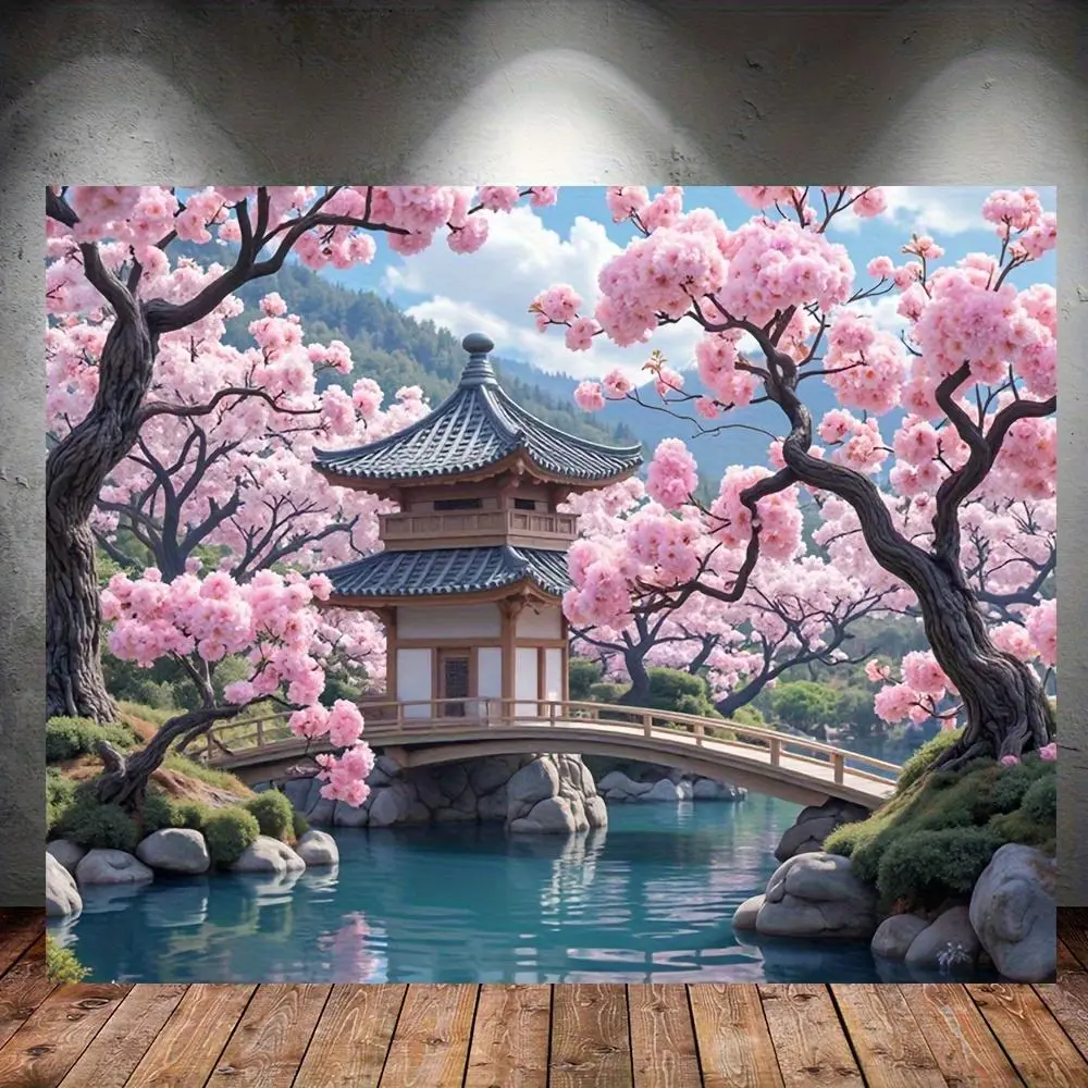 1pc Cherry Blossom& Traditional Japanese House Wall Banner- Vibrant Japanese Scene with Blooming Sakura Trees, Pagoda, and Bridge- Durable Polyester Fabric for Home& Party Decor, Kawaii Room Decor