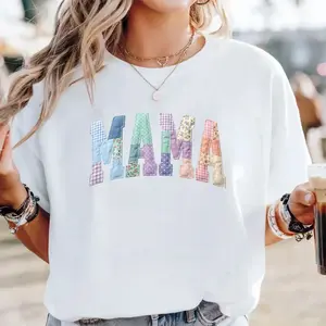 Comfort Colors Faux Patchwork Floral Mama Shirt, Digital Print Mom Shirt, Varsity Mom Tee, Patchwork Mama Shirt, Cottagecore Floral Mom Gift - AMBER