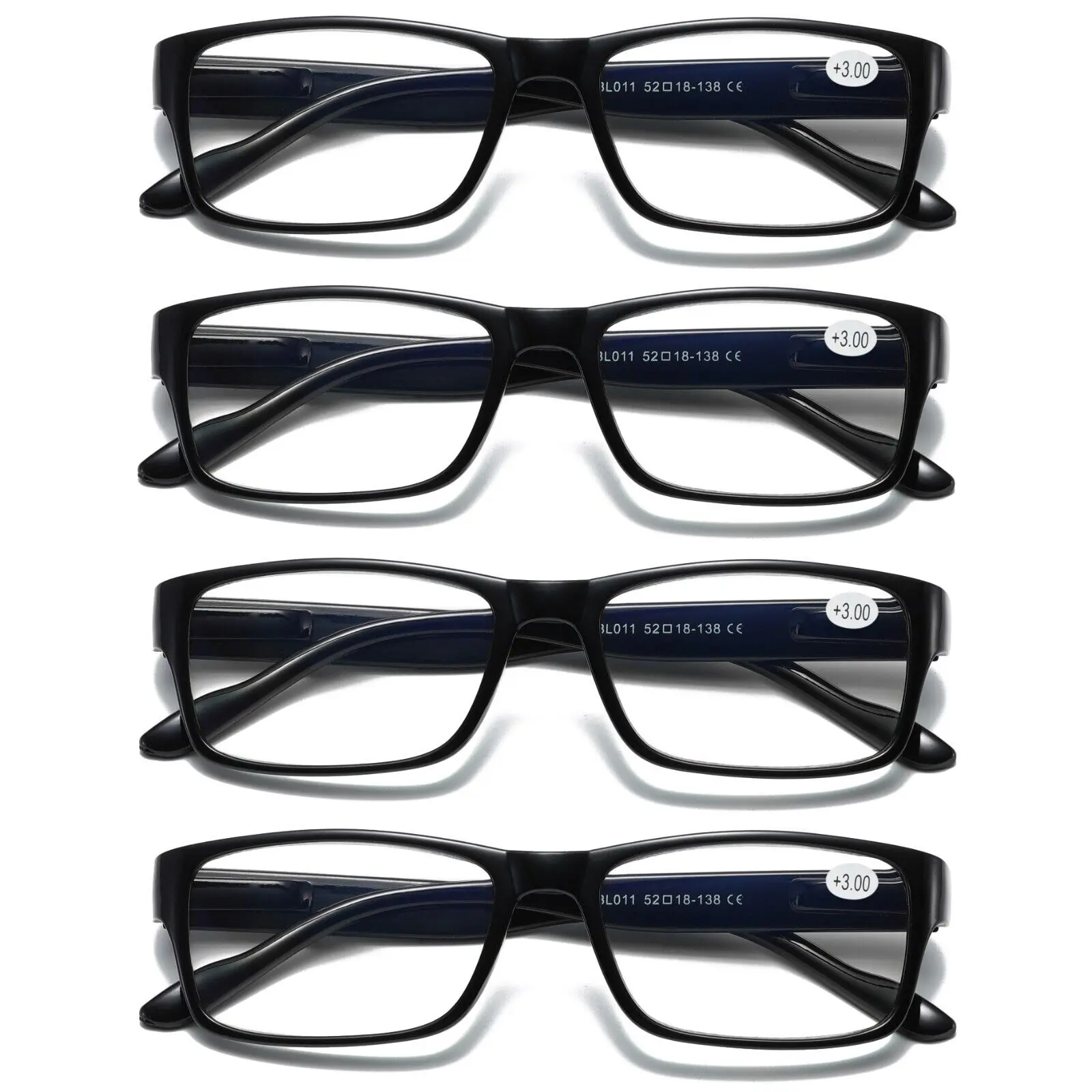 Unisex Blue Light Blocking Reading Glasses, 4 Pairs Full Rim Rectangular Black Frames with Spring Hinges, +3.00 Strength Clear Lenses