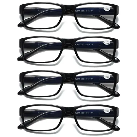 Unisex High Quality Eyewear 4-Pack Reading Eyeglasses - Full-Rim Rectangular Black Frames, 18mm Bridge, Spring Hinges, Flexible Temples, +3.00 Power Polycarbonate UV-Protection Blue Light Filter Lenses, Unisex Style for Shared Use