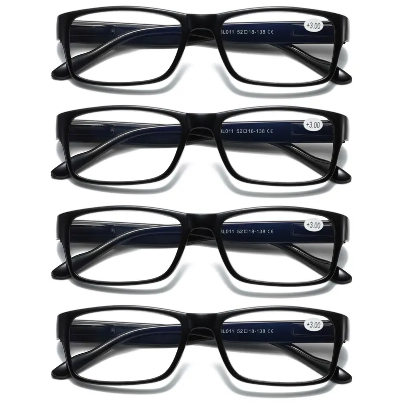 Unisex High Quality Eyewear 4-Pack Reading Eyeglasses - Full-Rim Rectangular Black Frames, 18mm Bridge, Spring Hinges, Flexible Temples, +3.00 Power Polycarbonate UV-Protection Blue Light Filter Lenses, Unisex Style for Shared Use
