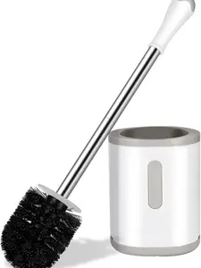 Compact Toilet Brush & Holder, Stainless Steel Handle, Space Saving for Storage, Deep Cleaning, Drip-Proof, Easy to Assemble, Nylon Bristles, White & Grey
