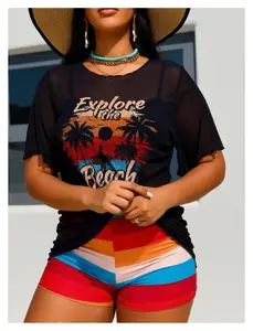 Women's 3 Piece Swimsuit - Mesh Swimsuit Cover Up, Short Sleeve Bathing Suit, Swim Shorts Set - Beach Pool Vacation Swimwear for Women