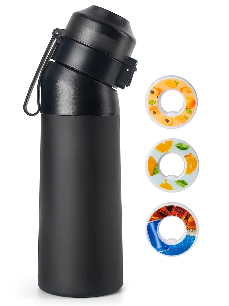 New Stainless steel Air Water Bottle,21Oz Water Bottle with Air Water Flavor Pods,Leak Proof Sports Water Cup with Straw,Fruit Smell Water Bottle for Outdoor Sports (Black + 3Pods)