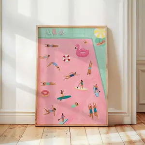 Physical Artistic Tiny Swimmers Pink Swimming Pool Print Poster - Retro Aesthetic Summer Beach Decoration, Fun Minimalist Room Wall Artwork