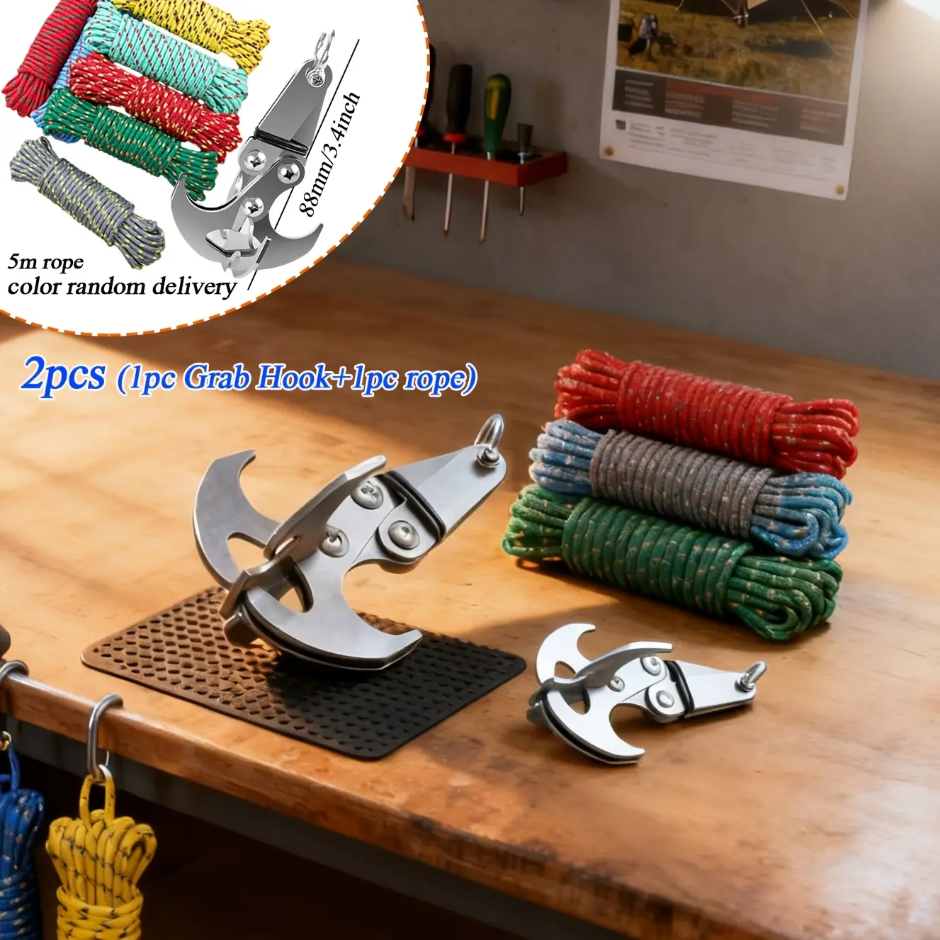High-Strength Heavy-Duty Folding Alloy Steel Grappling Hook & Rope 2-Piece Kit - Versatile Practical EDC Multitool, 1 Small Claw + 1 Random Color 5m Rope, for Hiking Outdoor Survival Gear, Durable Outdoor Tool, Outdoor Practical Tool
