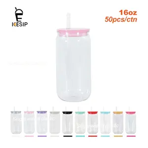 ICESIP 50pcs/ctn 16oz SINGLE-WALLED Plastic Acrylic kids Cups with MIXED COLOR lids and straws for  UVDTF Printing DIY custom