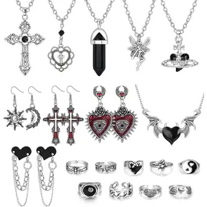 Unique 19 Pcs Grunge Gothic Jewelry Gothic Necklace Dangle Heart Gothic Earrings Vintage Goth Ring Y2k Jewelry Saturn Pendant Necklace Stackable Knuckle Ring Emo Alt Jewelry For Women Men