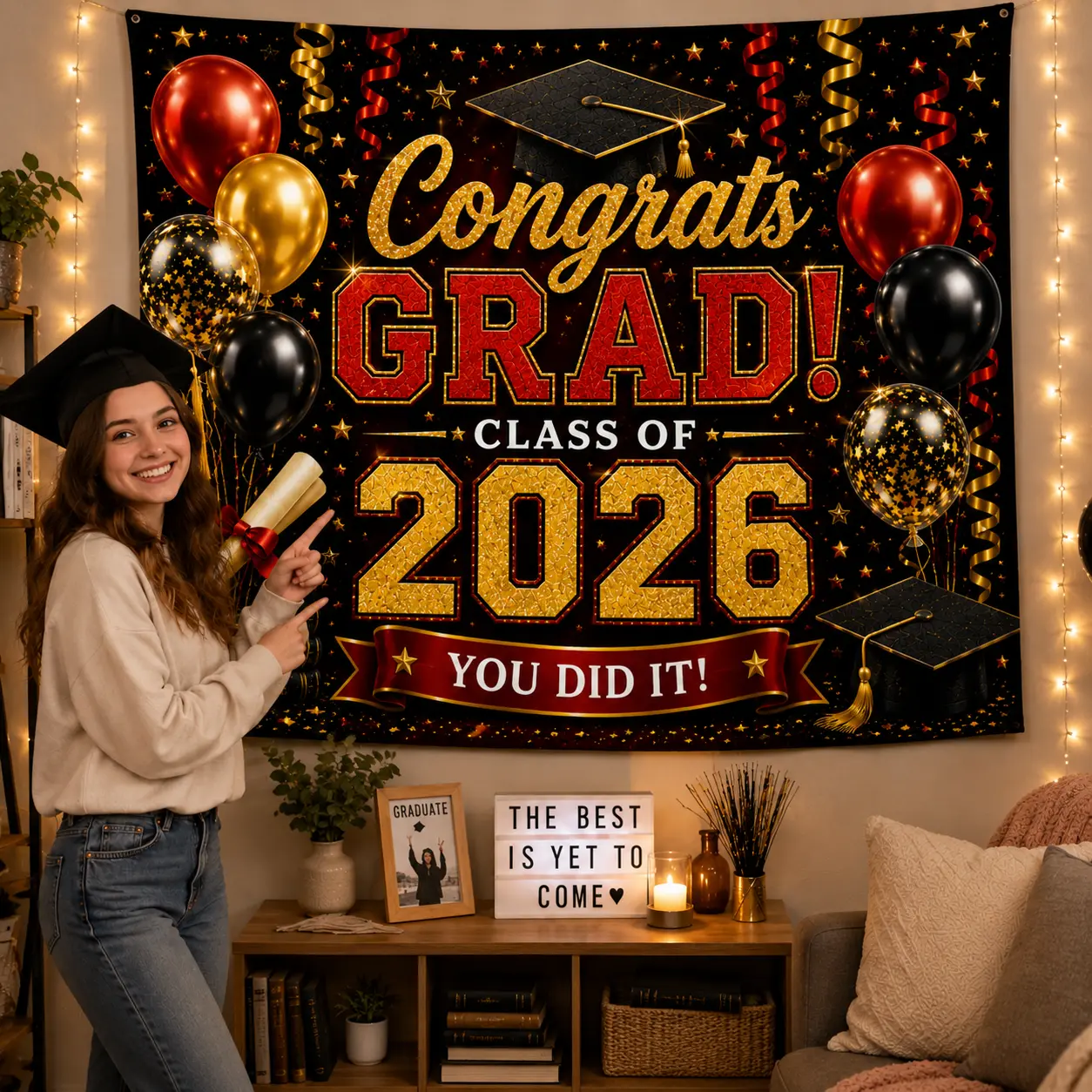 2026 Graduation Polyester Tapestry Backdrop - Class of 2026 Congrats Grad Banner, Gift, Printed Classroom Decor Festive Backdrops & Banners, Photo Booth Wall Hanging, Multi-Color for Senior High School Grad Parties