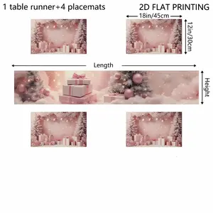 2D flat printing, 1 piece/4 pieces/6 pieces/5 pieces set/7 pieces set, Christmas pink Christmas gift pattern table flag and placemat set, holiday party decoration, home desktop decoration, Coffee Table Mat