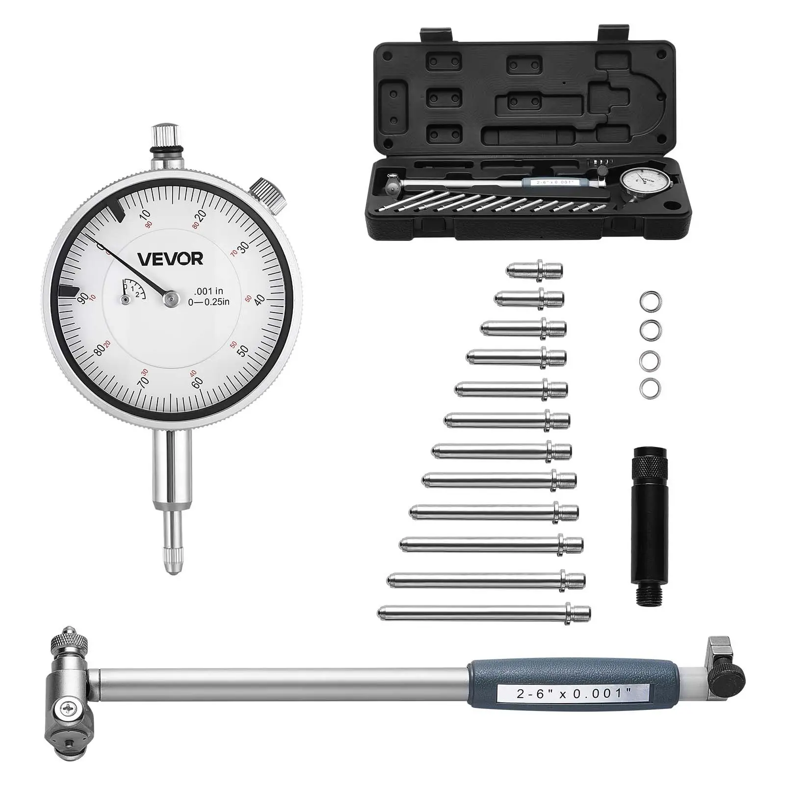 VEVOR Dial Test Indicator & Bore Gauge Tool Kit Set with Anvils Set, 0.001" Acc. Dial Indicator, 2-6 Inch Bore Measure Range Rod, Storage Case for Industrial Machining Meas. Cylinder Checks (Inches Compatible)