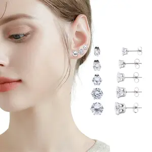 5 Pairs Extra Long Post 316L Stainless Steel Stud Earrings, Hypoallergenic Cubic Zirconia Earrings 3-8mm, Fashion Accessories