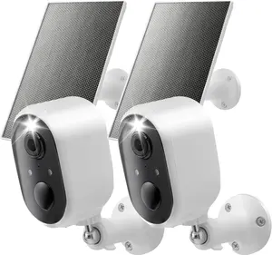Solar Security Camera Outdoor Wireless 2 Pack, 2K Color Night Vision, Battery Powered PIR Motion Detection,2.4GHz WiFi Cameras for Home Surveillance, Light and Sound Alarm, 2-Way Audio