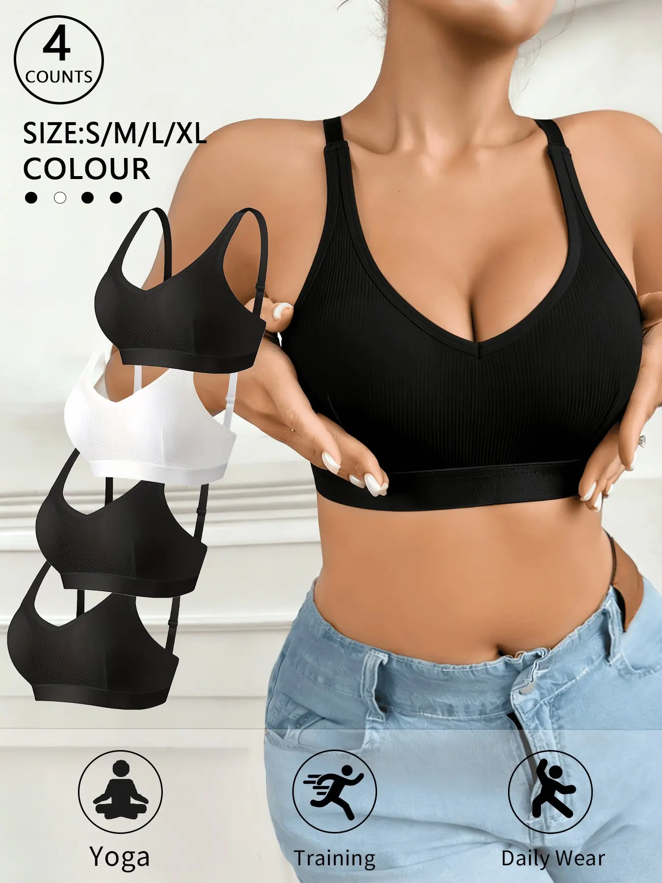 1/2/3/4pcs Women's Wireless Sports Bra Set, Workout Clothes Women, Workout Bra, Training Bra, Yoga Bra, Sporty Breathable Bras, Breathable & Shockproof Design, Fitted Style for All Seasons, Comfortable Sleepwear
