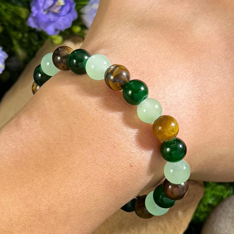 GEMRICH Prosperity bracelet featuring green beryl, green quartz, and tiger’s eye—a lucky bracelet that attracts wealth, abundance, and prosperity; blue friendship beaded jewelry protective bracelet, encouragement gift, color block beaded bracelet