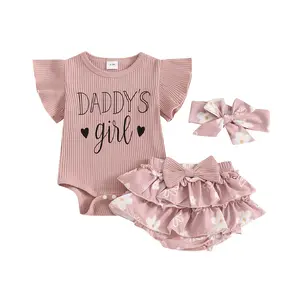 Newborn Baby Girls Clothes Summer Daddys Girl Outfit Ruffle Romper Floral Skirt Shorts Heaband 3Pcs Outfits Set