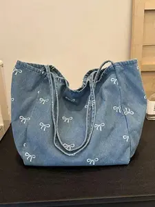 New Korean Casual Fashion Versatile Blue Highly Attractive Bow Washed Canvas Tote Bag for Commuting, Travel, Shopping, Student Back to School, Large Capacity Sweet Lady Handbag, College Essentials - Light Blue Denim Tote Bag with White Bow Prints