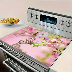 1 heat-resistant and non slip oven mat Kitchenware | Suitable for kitchens, washing machines, dryers, and stoves - Flower and cherry design, easy to clean stove cover, compatible with various stoves