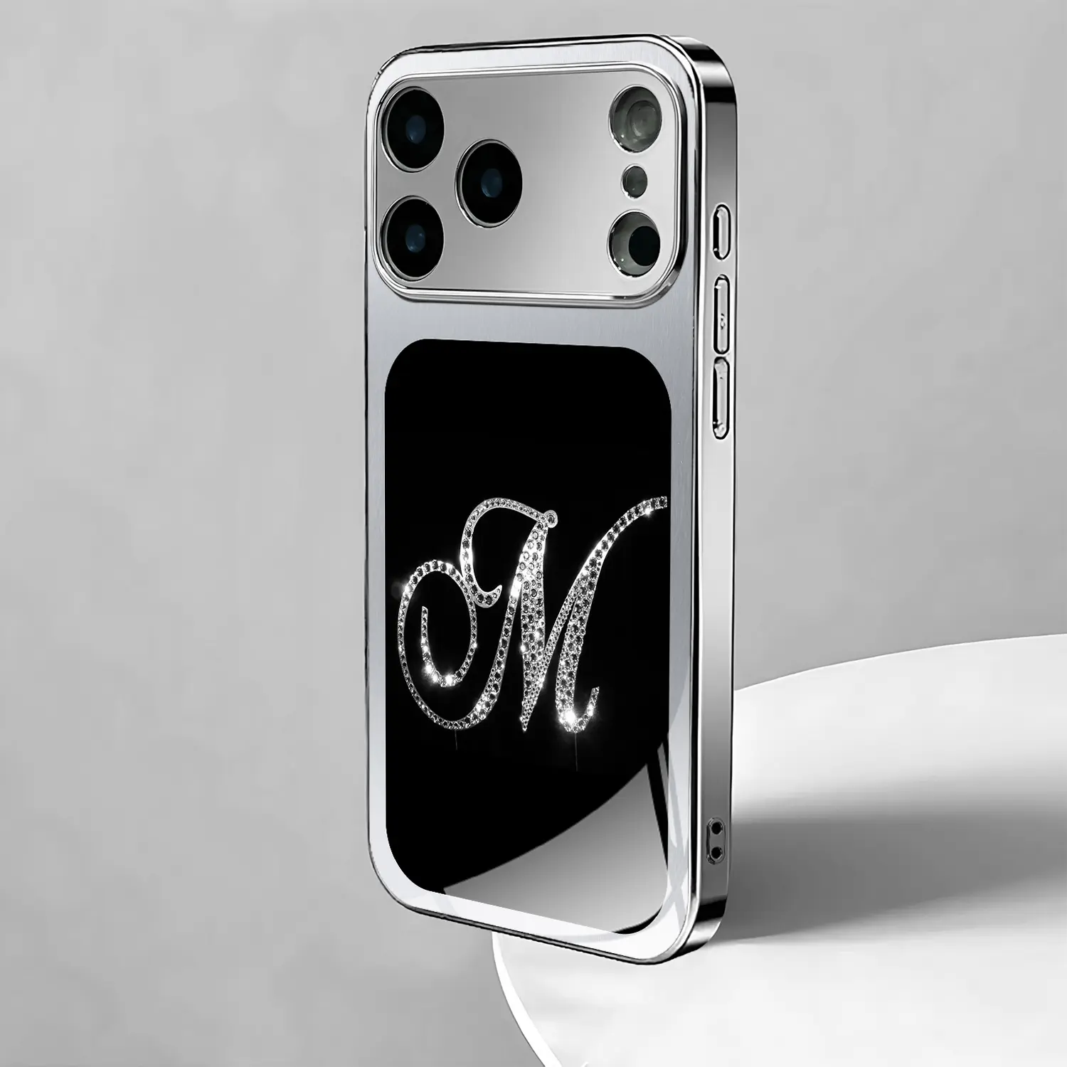 Electroplated Silver Crystal M-Pattern TPU Phone Case - Glam, Elegant, Patterned Hyperrealism Art Halloween Couple Cover with Waterproof Protection + Tempered Glass Screen Protector for iPhone 11 Pro Max to 17 Pro Max (Mobile Phone Accessories)