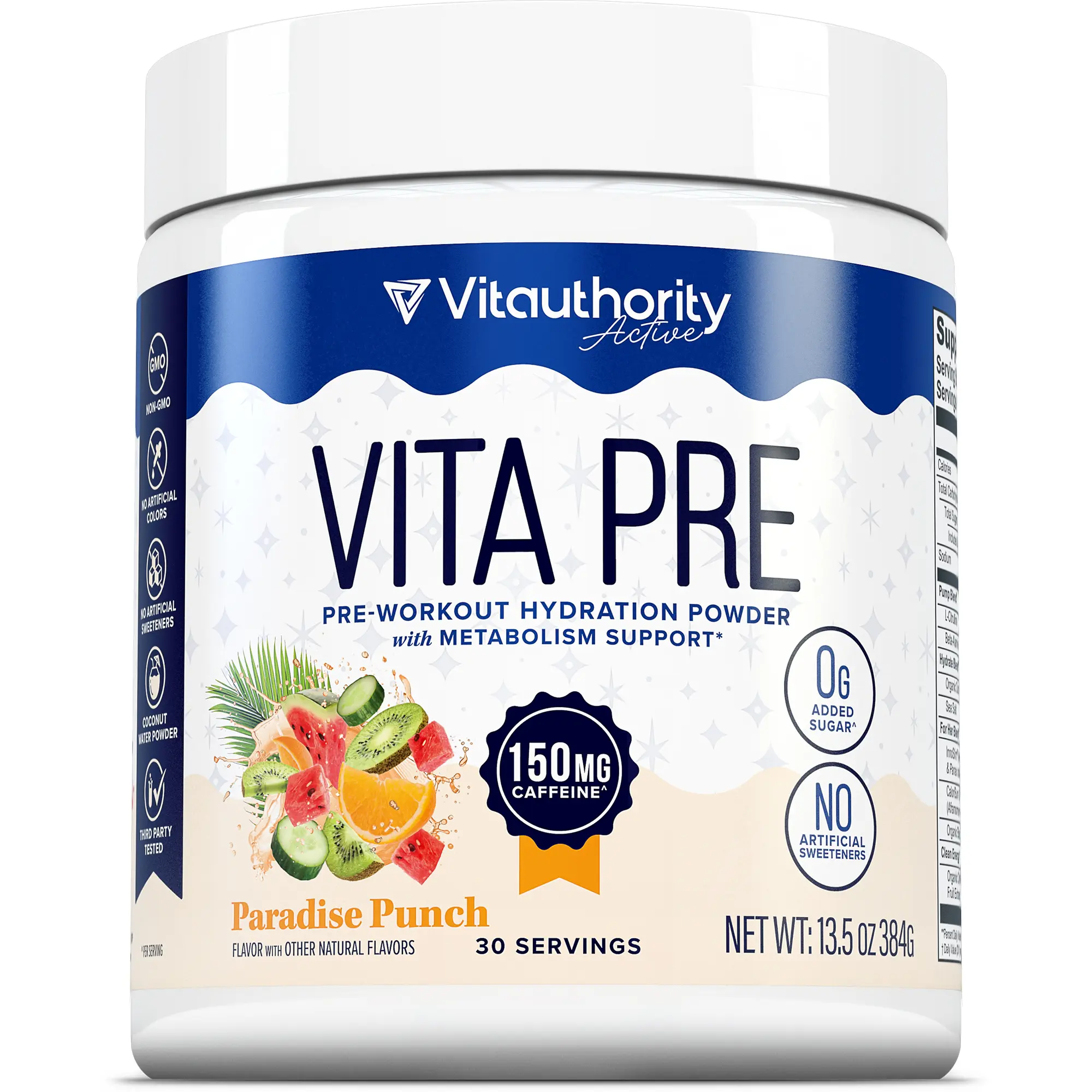 Vitauthority Vita Pre-Workout Dietary Supplement Powder - Coconut Water Hydration, Coffeeberry Energy Boost, Fitness Electrolytes - 1 Scoop with 8-12 oz Water - Fruit Fusion 380g(30 srv), Paradise Punch 384g(30 srv)