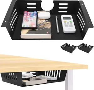 2 Pack 11 Inch Black Metal Under Desk Shelf - Under Desk Storage Organizer for Office Tables & Workstations