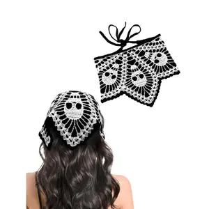 Halloween Skull Pattern Crochet Zigzag Headband Head Wrap, Vintage Knitted Triangle Scarf for Women, Fashion Party & Daily Wear Hair Accessory
