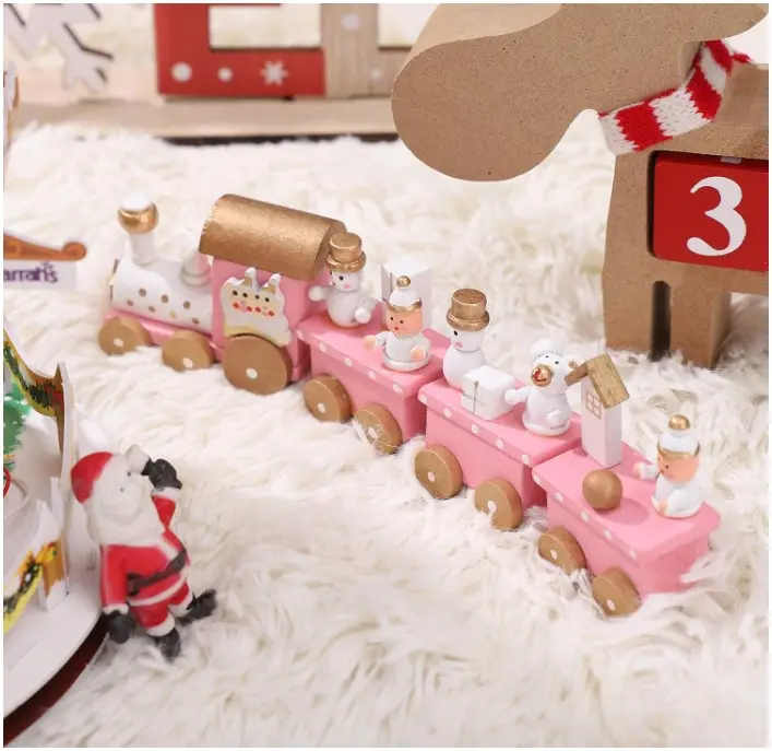 NUOBESTY Winter Wonderland Wooden Mini Train Set for Christmas Party Decorations Under Tree Pink